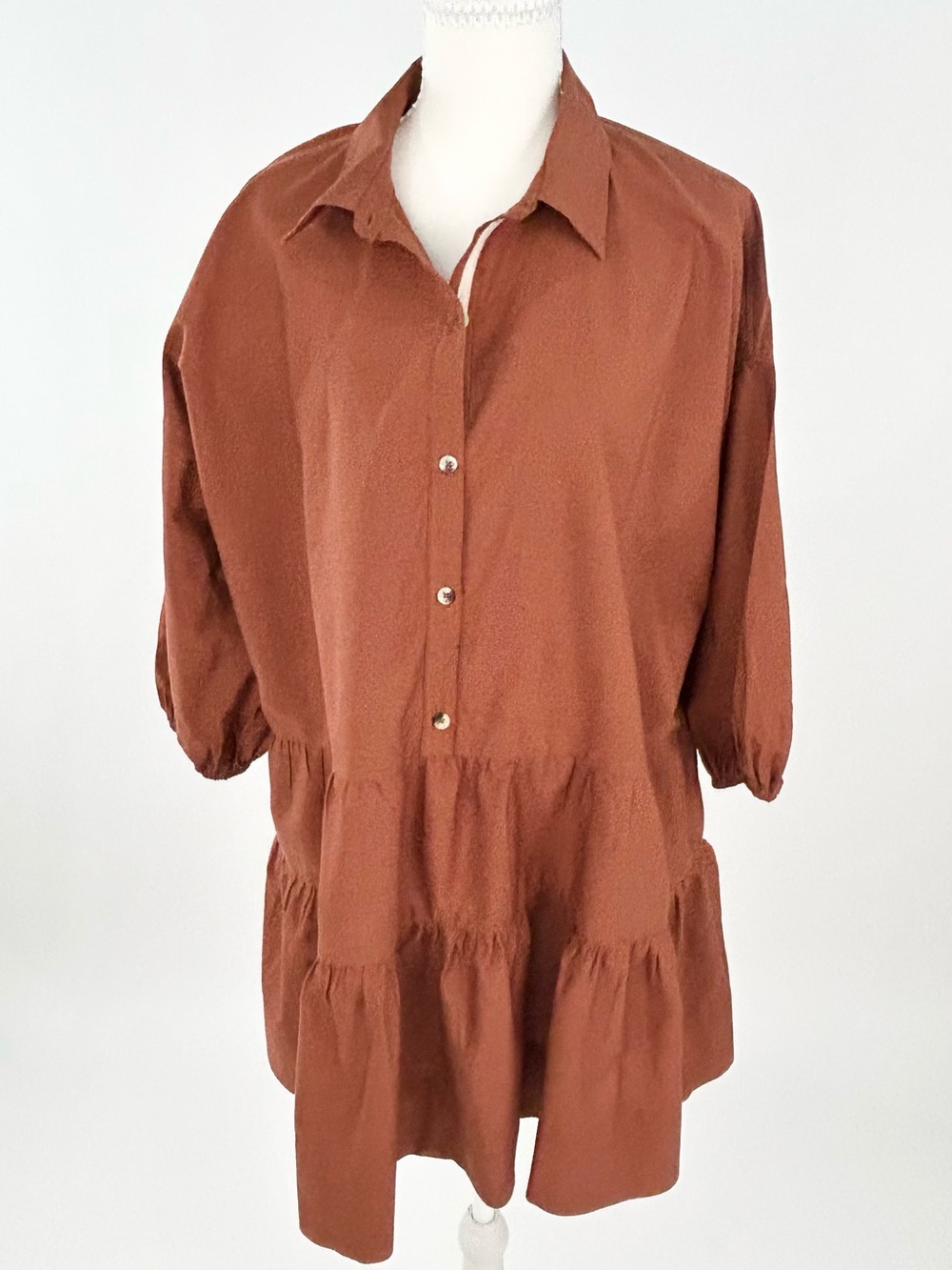 Free People Rust Tiered Tunic Dress M Cotton Button Front Oversized Boho